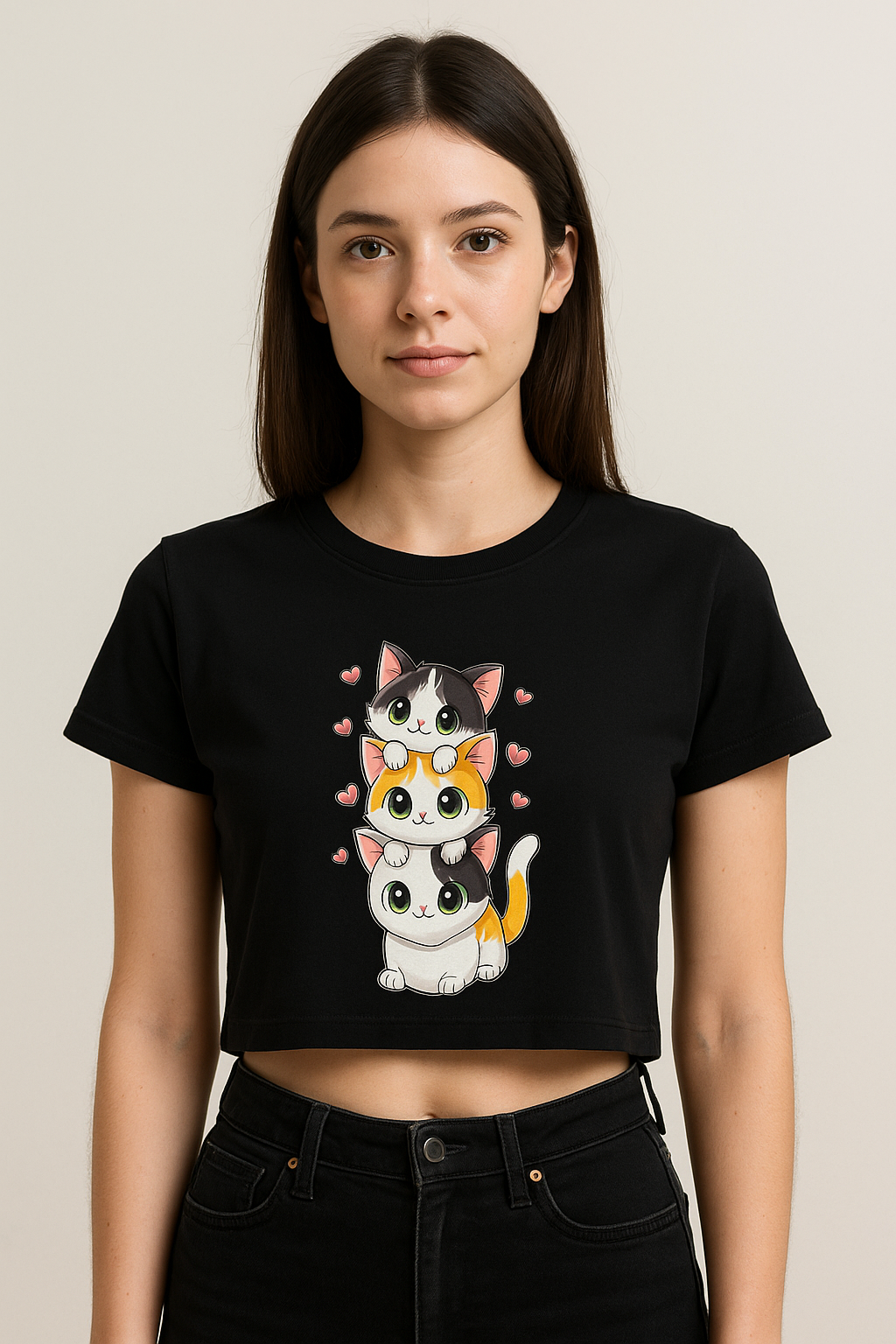 Kawaii Kitten Stack Crop Tee