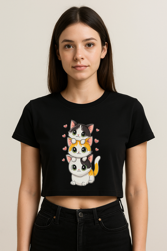 Kawaii Kitten Stack Crop Tee